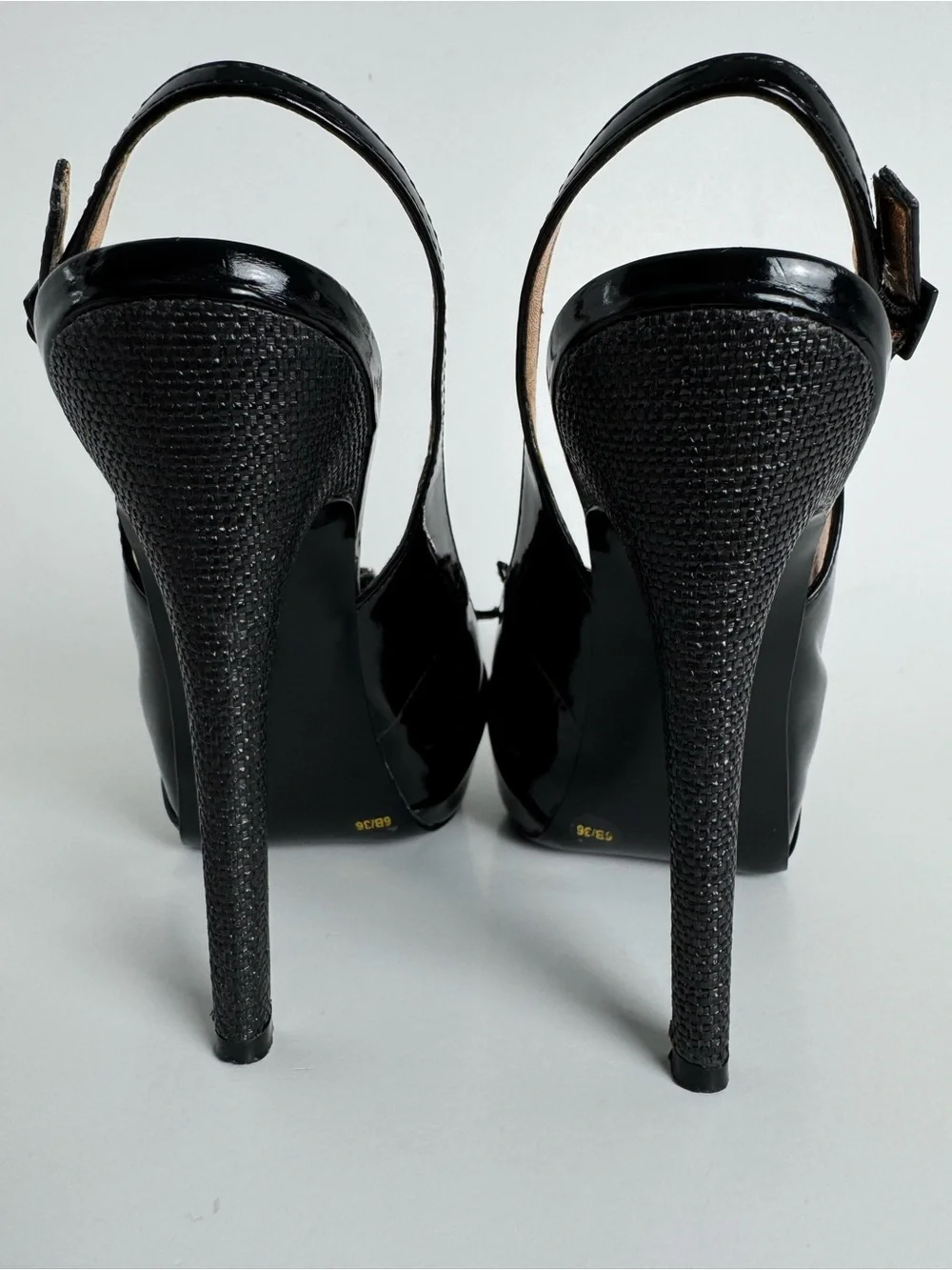 BCBGeneration Angelo Black Peep Toe Platform Slingback Stilettos Size 6
